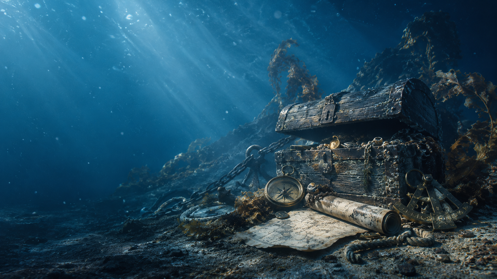 An underwater scene featuring a weathered wooden treasure chest, a compass, and an old map resting on the ocean floor, with light rays filtering through the blue water.