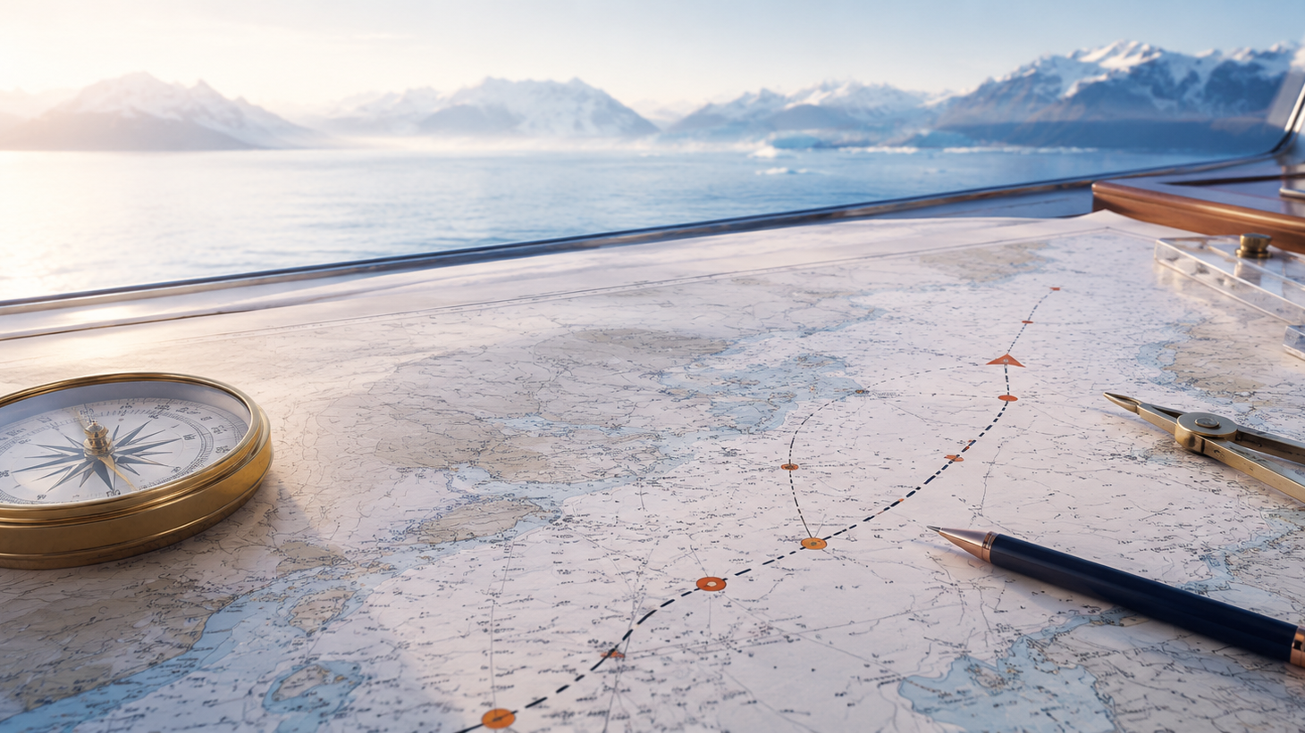 A vintage-style brass compass and map tools arranged on a large map in front of a scenic window view of snowy mountains and water at sunrise.