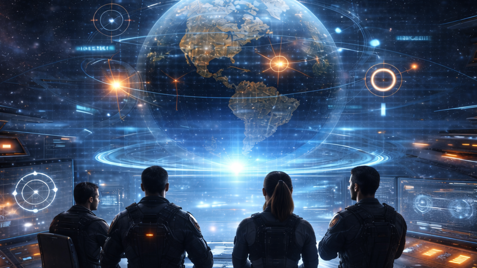 Four silhouetted people in futuristic uniforms stand in a high-tech control room, facing a large holographic globe of North America with glowing interface graphics and orange light accents in a dark blue space-themed setting.